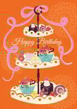 Modern Happy Birthday card fearing a traditional cake stand. created by Laura Darrington Design Ltd.