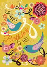 Pretty Birthday Card - Retro - Flowers and Swallows - Happy Birthday To You created by Laura Darrington Design Ltd.