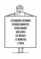Cute Robot Anniversary Card - 1 Year - 31536000 Seconds 525600 Minutes 8760 Hours 365 Days created by Debmon Design