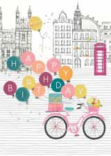 Classic Birthday Card - Bike with Balloons - London Skyline created by Louise Tiler