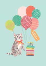 Cute Birthday Card - Party Cat - Balloons - Cake created by Louise Tiler