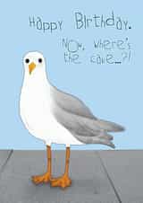 Cheeky Birthday Card - Greedy Seagull - Where's the cake. created by Charlie - Cherry Pie Lane