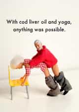 Cod liver oil and yoga card created by Bold & Bright Cards
