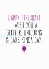 Glitter unicorns and cake birthday card created by Purple Tree Designs