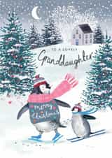 Classic Christmas Card - For Granddaughter - Penguins - Winter Scene created by Louise Tiler
