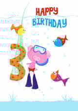 Children's age 3 Snorkel Pig and Fish Birthday card created by Dale Simpson