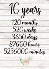 Cute Typography 10 Year Anniversary Card - 10 Years - 10 Years, 120 Months, 520 Weeks, 3650 Days, 87600 Hours, 5256000 Minutes created by Victoria Davidson