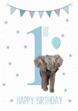 Happy 1ST Birthday Elephant card - blue balloon birthday - first birthday card created by SVHIllustration