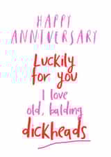 Rude Typography Anniversary Card - Luckily For You I Love Old Balding Dickheads created by Giddy Kipper
