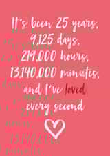 Cute Typography Anniversary Card - 25 Years - It's Been 25 Years, 9125 Days, 219000 Hours, 13140000 Minutes, And I've Loved Every Second created by Dottie Mottie
