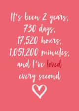 Cute Typography Anniversary Card - 2 Years - It's Been 2 Years, 730 Days, 17,520 Hours, 1,051,200 Minutes And I've Loved Every Second created by Dottie Mottie