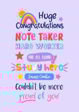 Congratulations on exam success with this cute girly card - couldn’t be more proud of you - Huge Congratulations - Study Hero - Smart Cookie - Note Taker created by Little Cat Creates