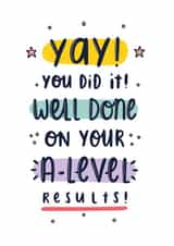 A-Level Exam results card created by Joanne Hawker