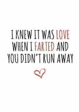 Funny Fart Typography Anniversary Card / Valentines Day Card - I Knew It Was Love When I Farted And You Didn't Run Away created by Banter King