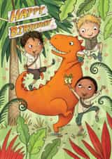 Dinosaur Jungle Birthday Card for Kids – Fun Adventure with T-Rex and Explorers created by Karmuka