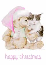 Teddy Bear and Kitten Happy Christmas Illustration Card created by Wandering Laur