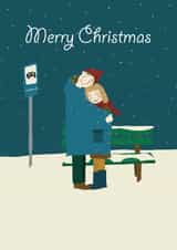 Cute - Cuddle - Love - Couple - Girlfriend - Boyfriend - Romantic - Bus Stop - Snowfall - Christmas Card created by Grietas Illustrations