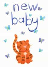 Gender neutral non traditional new baby card with cute baby tiger created by Jo Brown