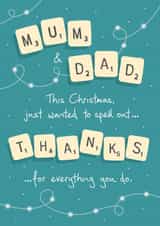 Scrabble - Board Games - Traditional - Mum and Dad - Mum - Dad - Thanks - Spelling - Grateful - Cute - Christmas Card created by NEEDL designs