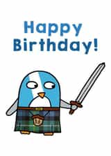 Scottish Braveheart Happy Birthday Penguin card. created by Penguin Parade