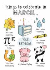 Things to celebrate in March birthday card created by Creaternet