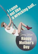 Cheeky Miley Cyrus Wrecking Ball Mother's Day Card created by @katiehounsomeillustrator