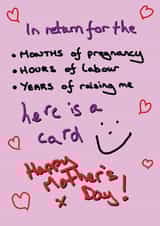 in return for pregnancy Mothers Day Card 43517 created by Random Shit Cards