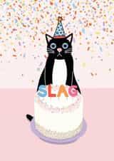 Rude cat birthday cake card with 'slag' candles created by Sweary Cats by Leaf Lane Studio