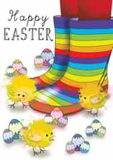 Rainbow wellies and Easter chicks Easter Card created by Kat Pearson