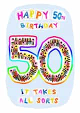 50th Birthday written in Liquorice Allsorts created by Genevieve Fay