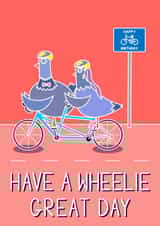 Pigeons riding bike pun birthday card created by Pigeon Pals