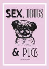 Funny Birthday card for your friend/partner - Sex, drugs and pugs - Pug lovers created by CP Sketches