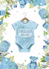 "Hello World" New Baby Boy Greetings Card created by Hannah Clark Illustrations