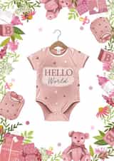 "Hello World" New Baby Girl Greetings Card created by Hannah Clark Illustrations