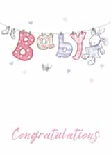 Baby girl congratulations washing line card created by Kate Garrett