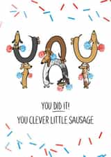 Clever little sausage congratulations card created by Laura Deakin