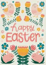 Chicks, Bunnies and Spring Florals Happy Easter Card created by Hollie McManus Illustration