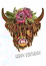 Highland cow flower birthday card created by wild wisteria designs
