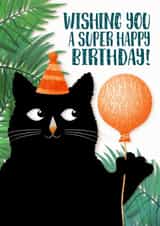 Happpy birthday greeting card with cat and balloon created by Pupsiku