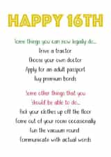 16th Birthday card - let them know the things they can now do! created by Shore Designs