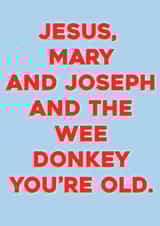 Jesus Mary and Joseph and the wee donkey, you're old. created by Courtney Simon