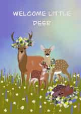 Cute Welcome baby card, featuring deer and nature. Flowery fairy tail design created by Rae of Sunshine