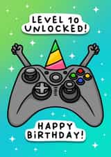 Cute and funny Level 10 gamers birthday card - for tenth birthdays created by Duck & Mustard