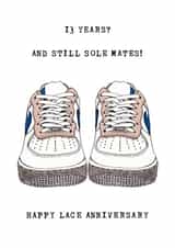 Cute Trainer Pun Anniversary Card - Lace Anniversary - 13 Years And Still Sole Mates created by Panda and the Prince
