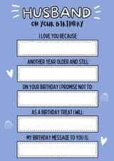 Fill in the blanks husband birthday card created by original fox designs