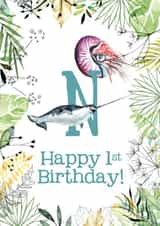 Animal Themed Happy 1st Birthday for names beginning with N created by Kate Moby