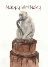 Baboon eating chocolate cake birthday card created by Allthingsartbybex