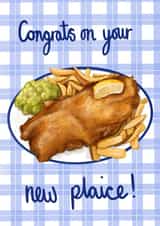 Funny Chippy Pun New Home Card - Fish And Chips - New Place - Congrats On Your New Plaice created by Katie Tinkler illustration