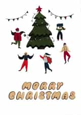 Happy Christmas card with a Christmas tree and people created by Andreeva Kate