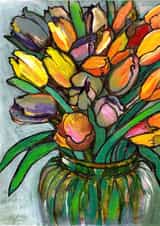 The Joy of Tulips, tulips in a glass vase. Blank for your message created by Plant Based Paintings